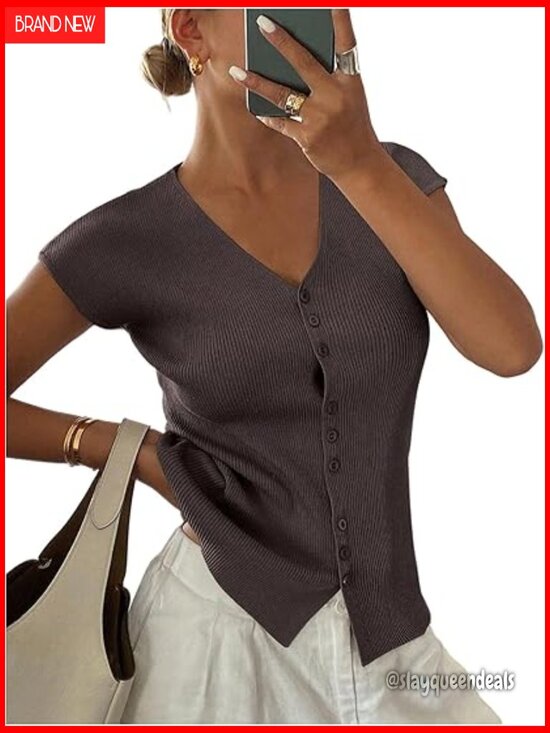 Tops - Button Down V Neck Cap Sleeve Ribbed Knit Tops